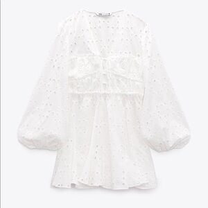NWT Zara White Eyelet Long Sleeve Mini Dress - M